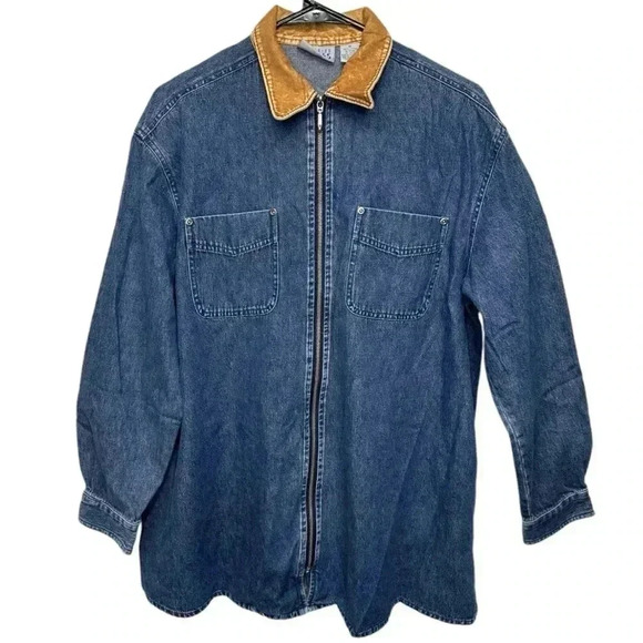 Vintage 90s Santa Fe Blues Retro Boho Denim Zip Up Shirt with Velvet Collar, M - Picture 1 of 7
